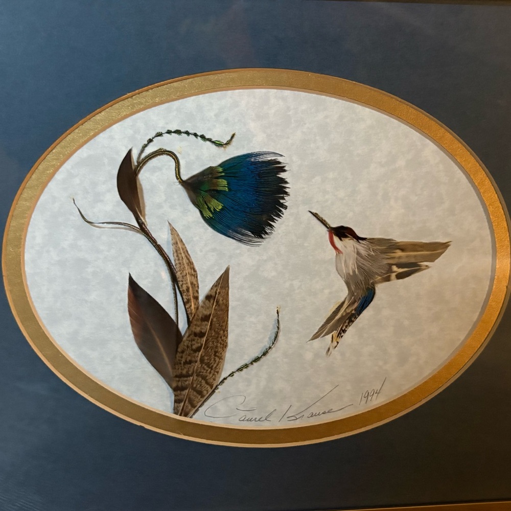 Elegant Blue and Gold Artisan Hummingbird Feather Art Framed Picture